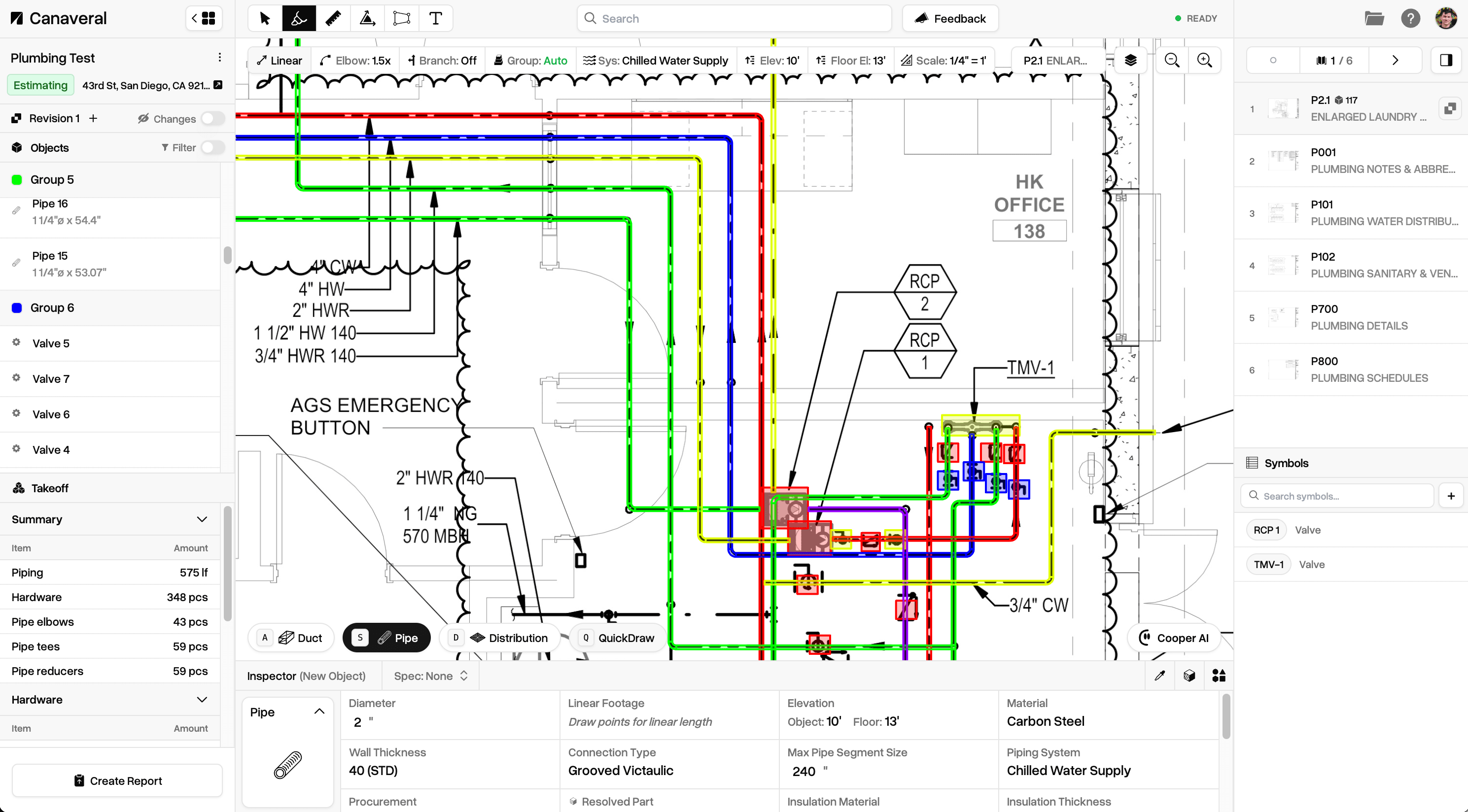 Canaveral pipe insulation estimation software showing piping footage and fitting takeoff on mechanical plans