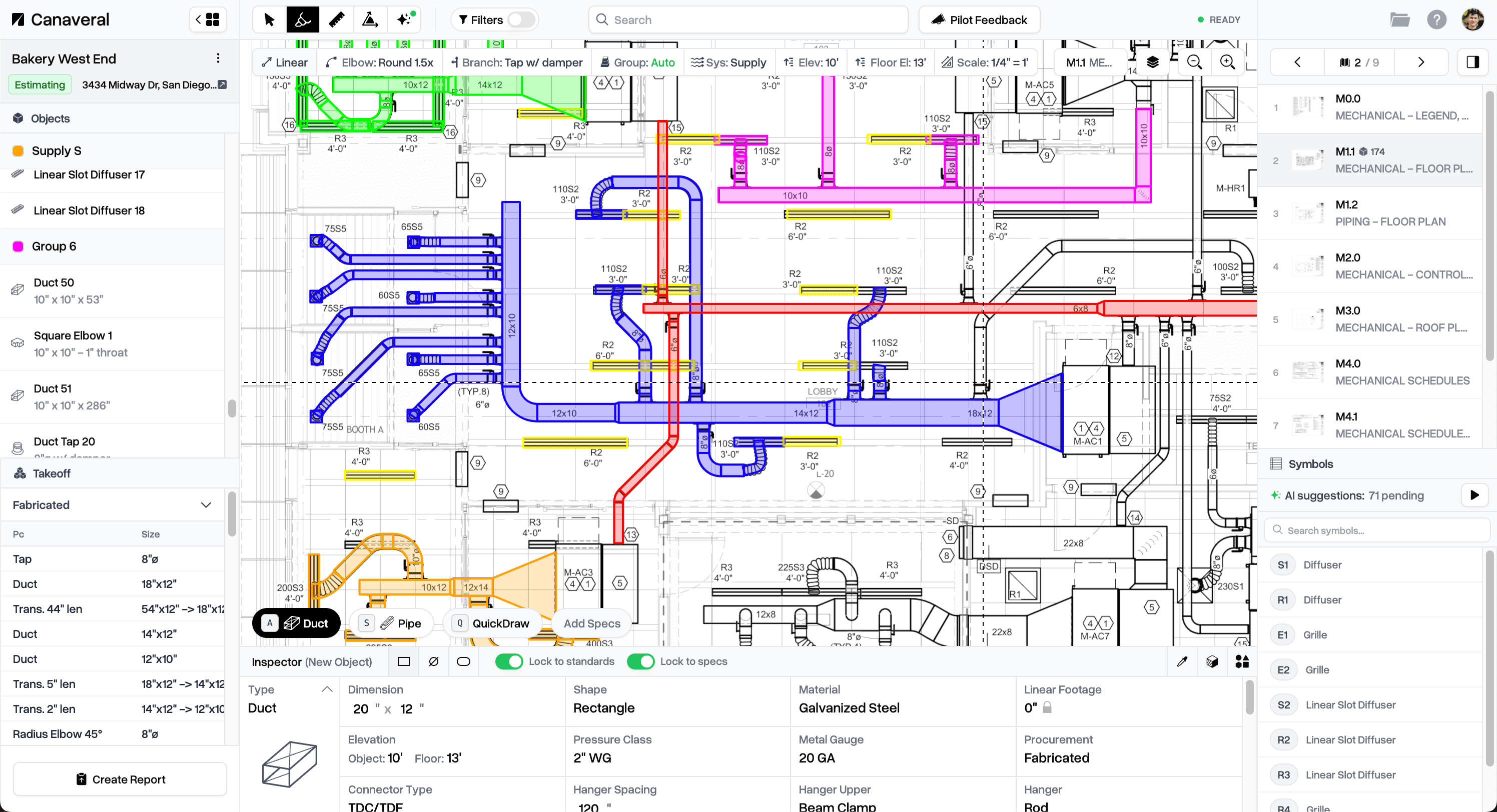 Canaveral MEP takeoff software showing duct takeoff on construction plans